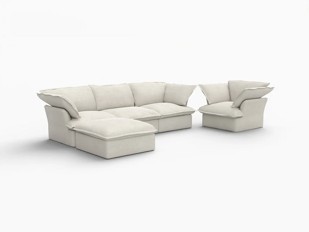 Deluxe Cloud Beige 4-Seater Sofa with Storage | 5-Piece (includes 1 ottoman), Linen and Cotton Fabric, Washable Covers