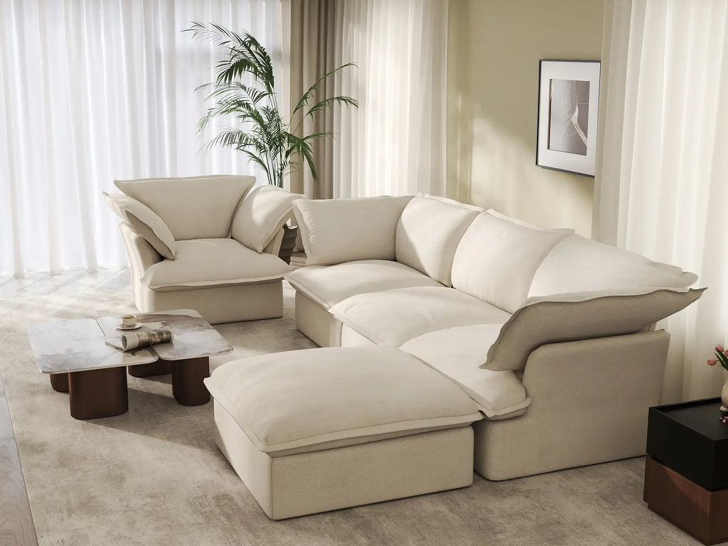 Deluxe Cloud Beige 4-Seater Sofa with Storage | 5-Piece (includes 1 ottoman), Linen and Cotton Fabric, Washable Covers