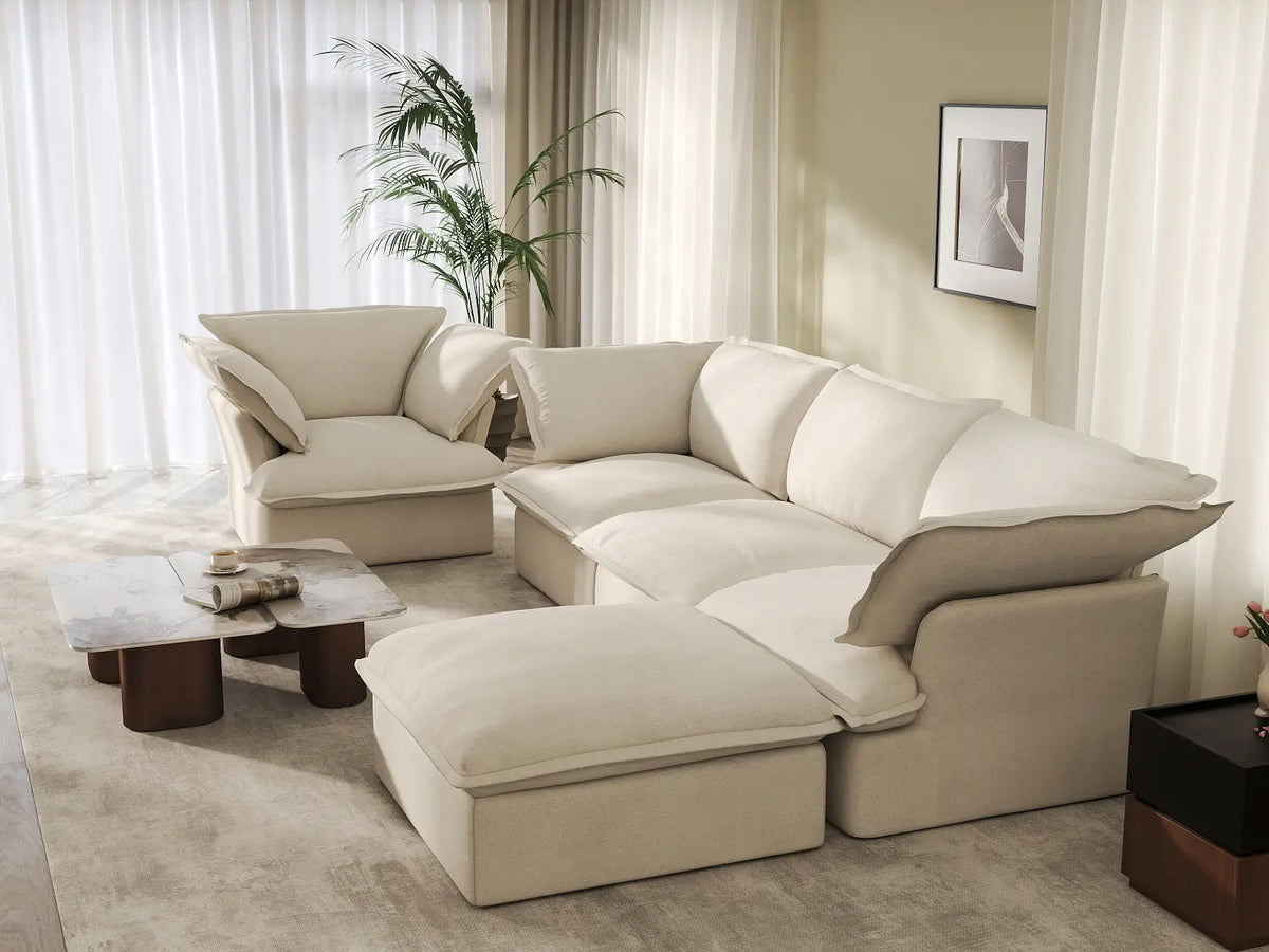 Deluxe Cloud Beige 4-Seater Sofa with Storage | 5-Piece (includes 1 ottoman), Linen and Cotton Fabric, Washable Covers