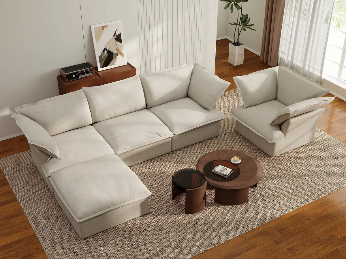 Deluxe Cloud Beige 4-Seater Sofa with Storage | 5-Piece (includes 1 ottoman), Linen and Cotton Fabric, Washable Covers