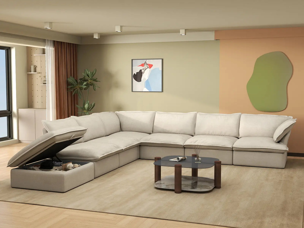 Deluxe Cloud Beige 6-Seater V-Shaped Sectional with Storage | 7-Piece (includes 1 ottoman), Linen and Cotton Fabric, Washable Covers