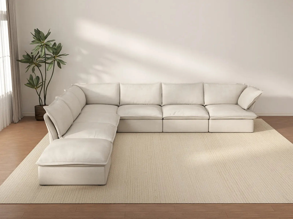 Deluxe Cloud Beige 6-Seater V-Shaped Sectional with Storage | 7-Piece (includes 1 ottoman), Linen and Cotton Fabric, Washable Covers