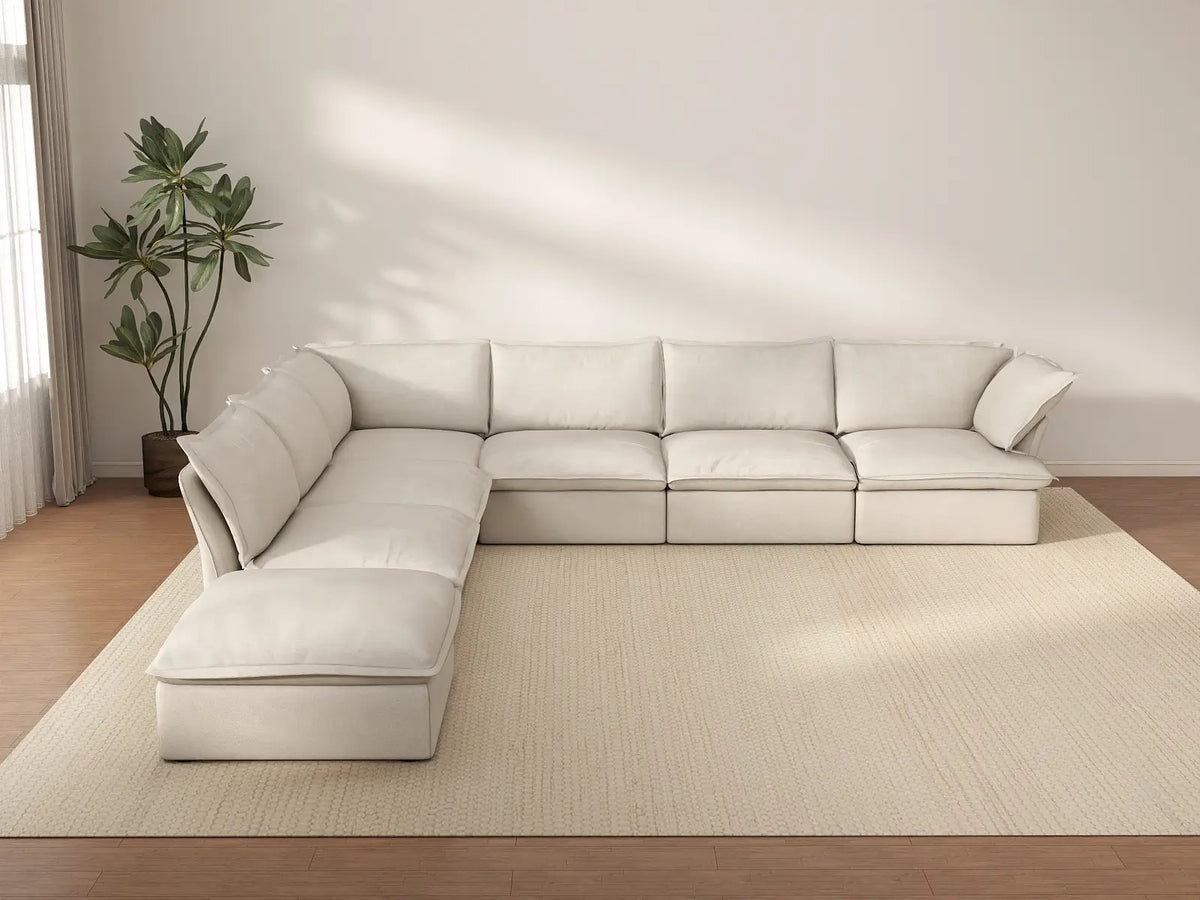 Deluxe Cloud Beige 6-Seater V-Shaped Sectional with Storage | 7-Piece (includes 1 ottoman), Linen and Cotton Fabric, Washable Covers