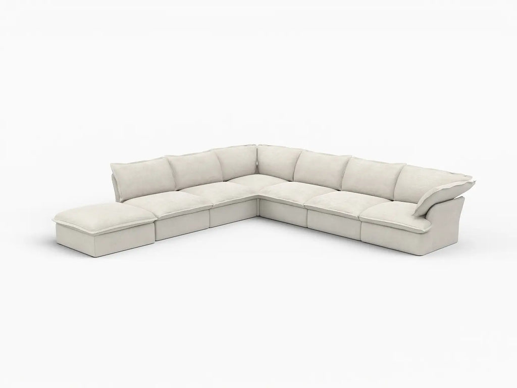 Deluxe Cloud Beige 6-Seater V-Shaped Sectional with Storage | 7-Piece (includes 1 ottoman), Linen and Cotton Fabric, Washable Covers