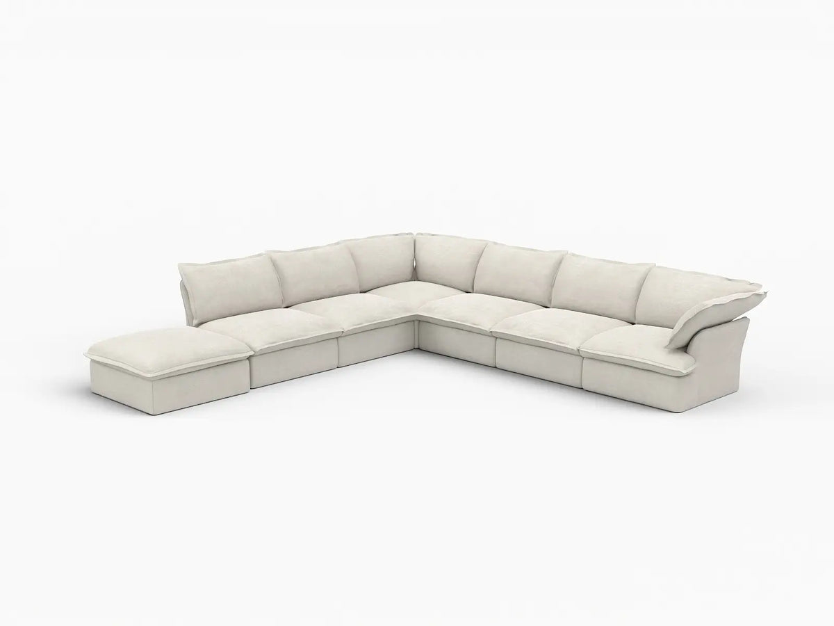 Deluxe Cloud Beige 6-Seater V-Shaped Sectional with Storage | 7-Piece (includes 1 ottoman), Linen and Cotton Fabric, Washable Covers