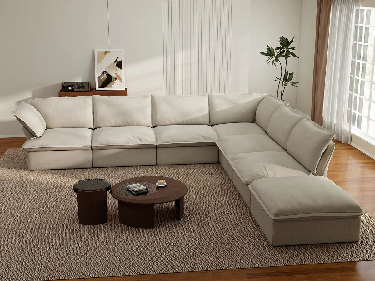 Deluxe Cloud Beige 6-Seater V-Shaped Sectional with Storage | 7-Piece (includes 1 ottoman), Linen and Cotton Fabric, Washable Covers