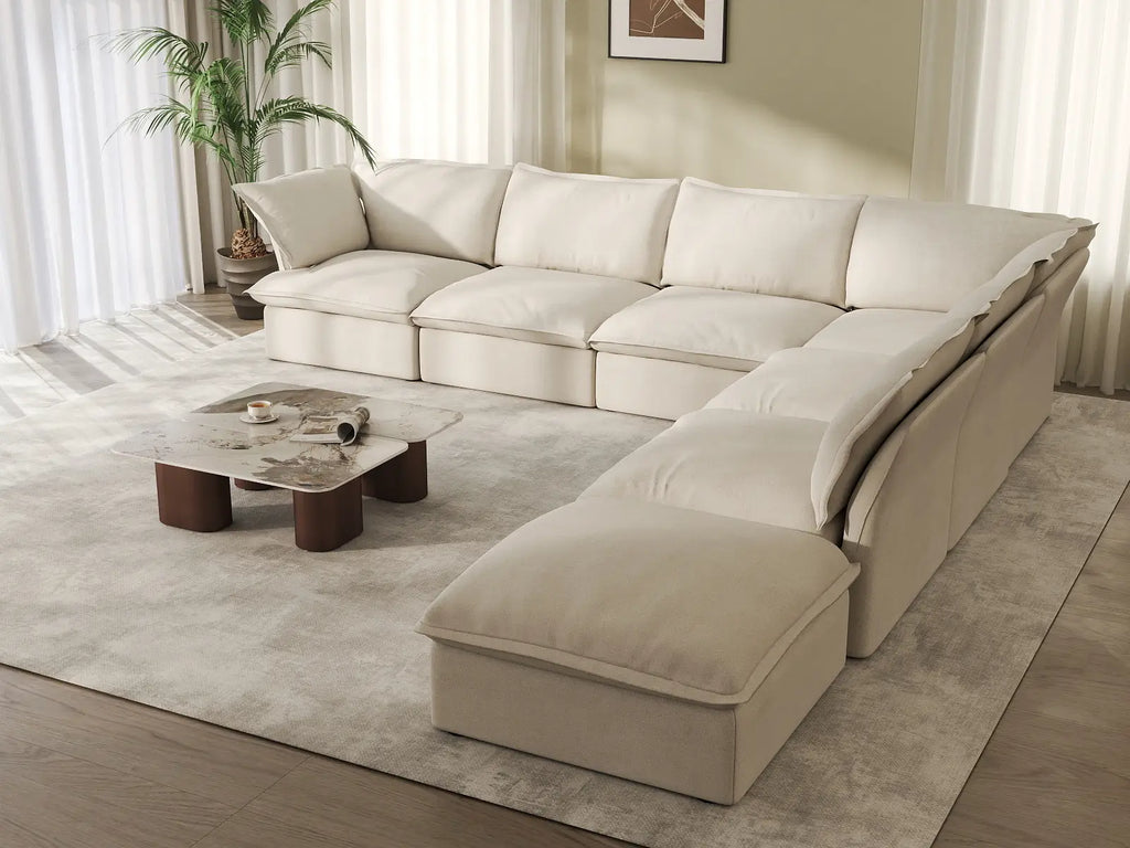 Deluxe Cloud Beige 6-Seater V-Shaped Sectional with Storage | 7-Piece (includes 1 ottoman), Linen and Cotton Fabric, Washable Covers