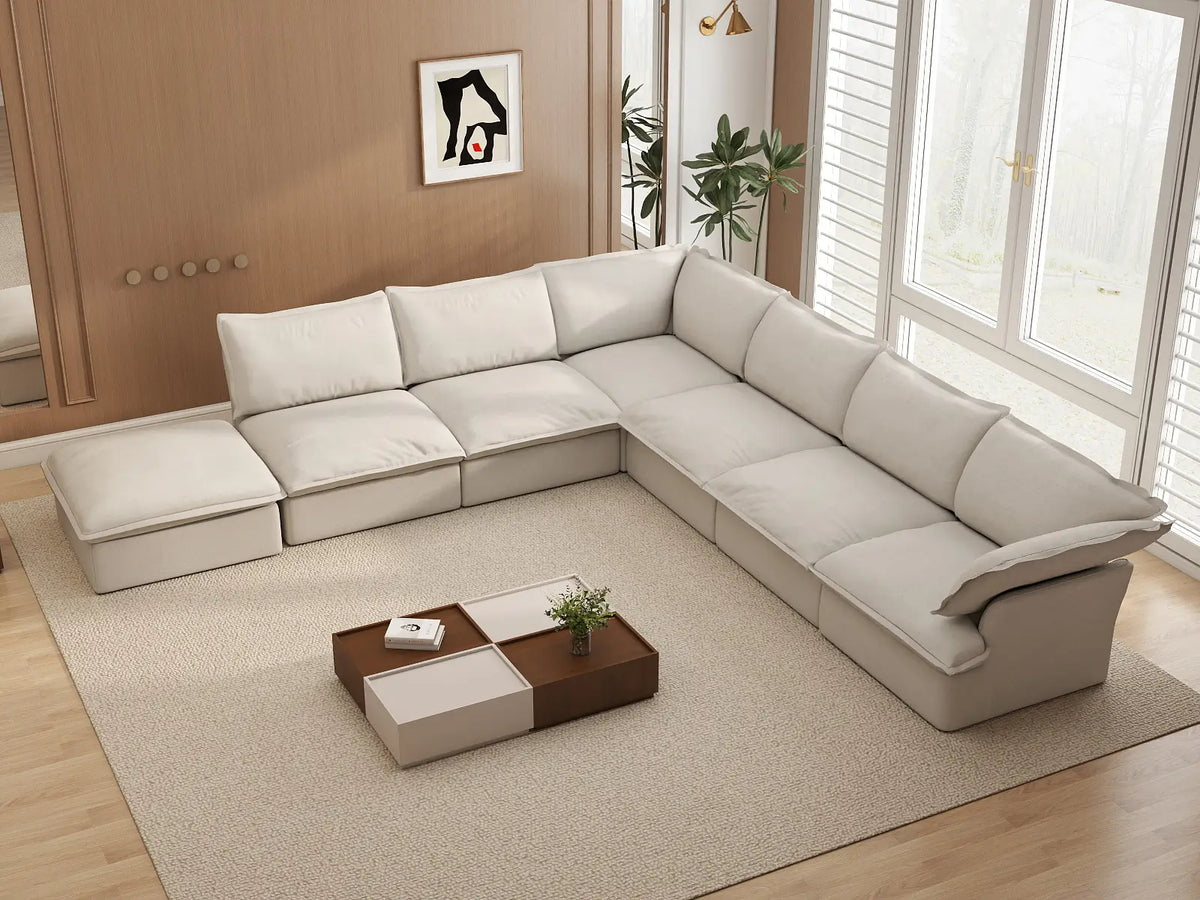 Deluxe Cloud Beige 6-Seater V-Shaped Sectional with Storage | 7-Piece (includes 1 ottoman), Linen and Cotton Fabric, Washable Covers