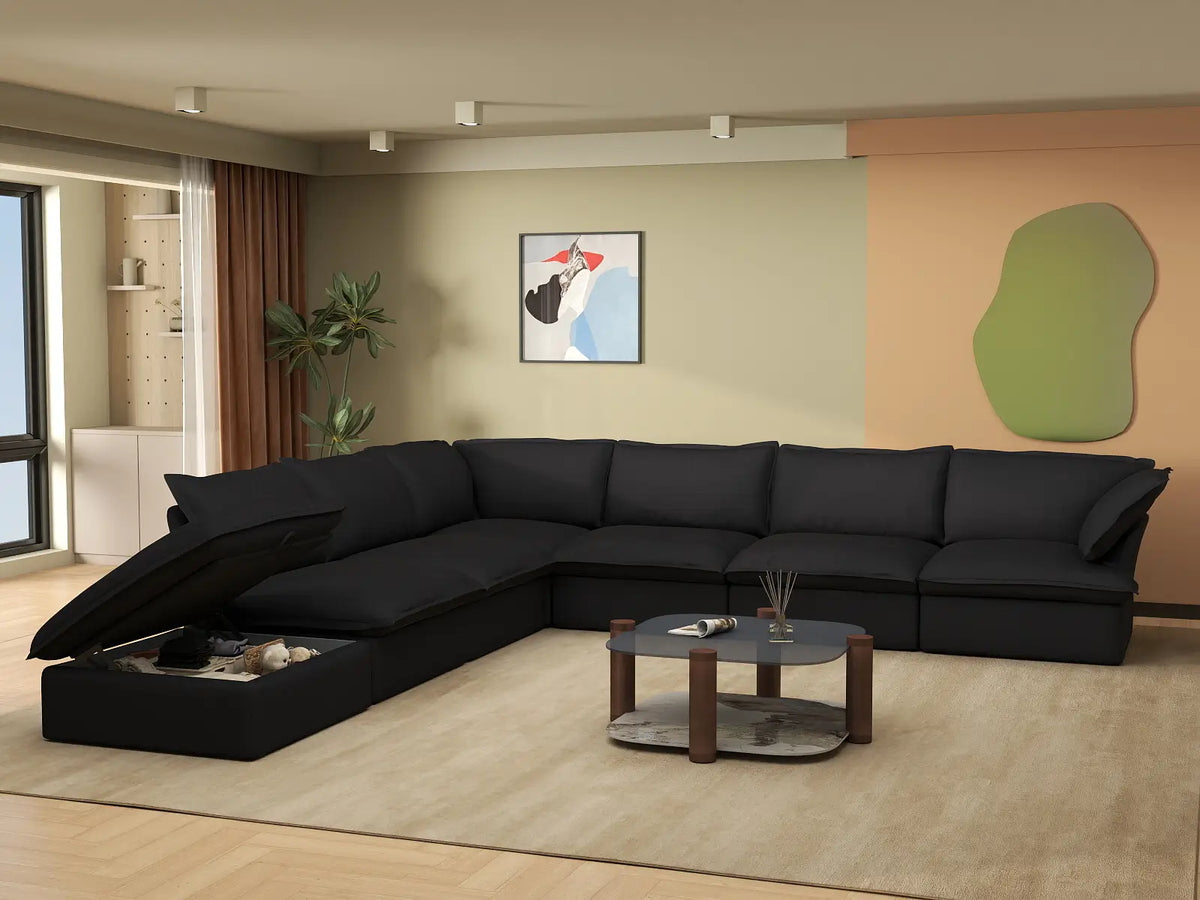Deluxe Cloud Black 6-Seater V-Shaped Sofa with Storage | 7-Piece (includes 1 ottoman), Linen and Cotton Fabric, Washable Covers
