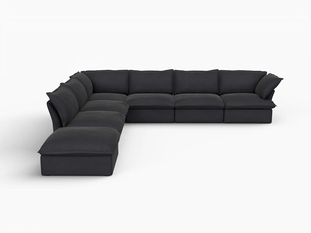 Deluxe Cloud Black 6-Seater V-Shaped Sofa with Storage | 7-Piece (includes 1 ottoman), Linen and Cotton Fabric, Washable Covers