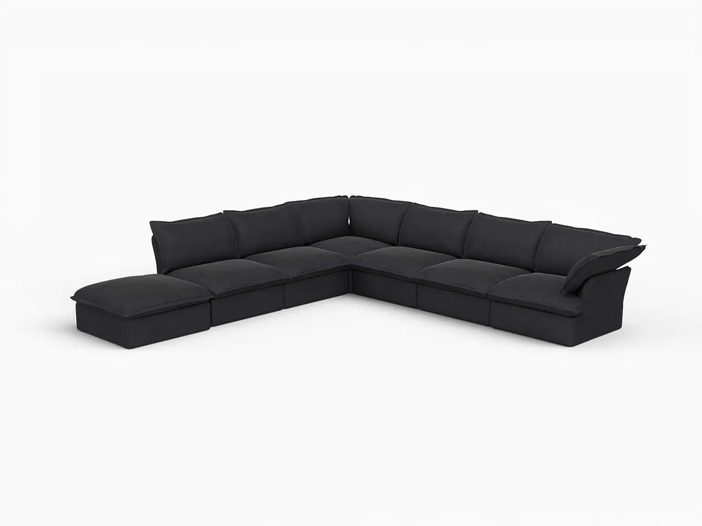 Deluxe Cloud Black 6-Seater V-Shaped Sofa with Storage | 7-Piece (includes 1 ottoman), Linen and Cotton Fabric, Washable Covers