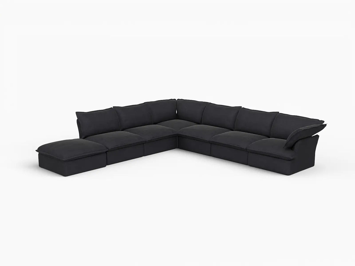 Deluxe Cloud Black 6-Seater V-Shaped Sofa with Storage | 7-Piece (includes 1 ottoman), Linen and Cotton Fabric, Washable Covers