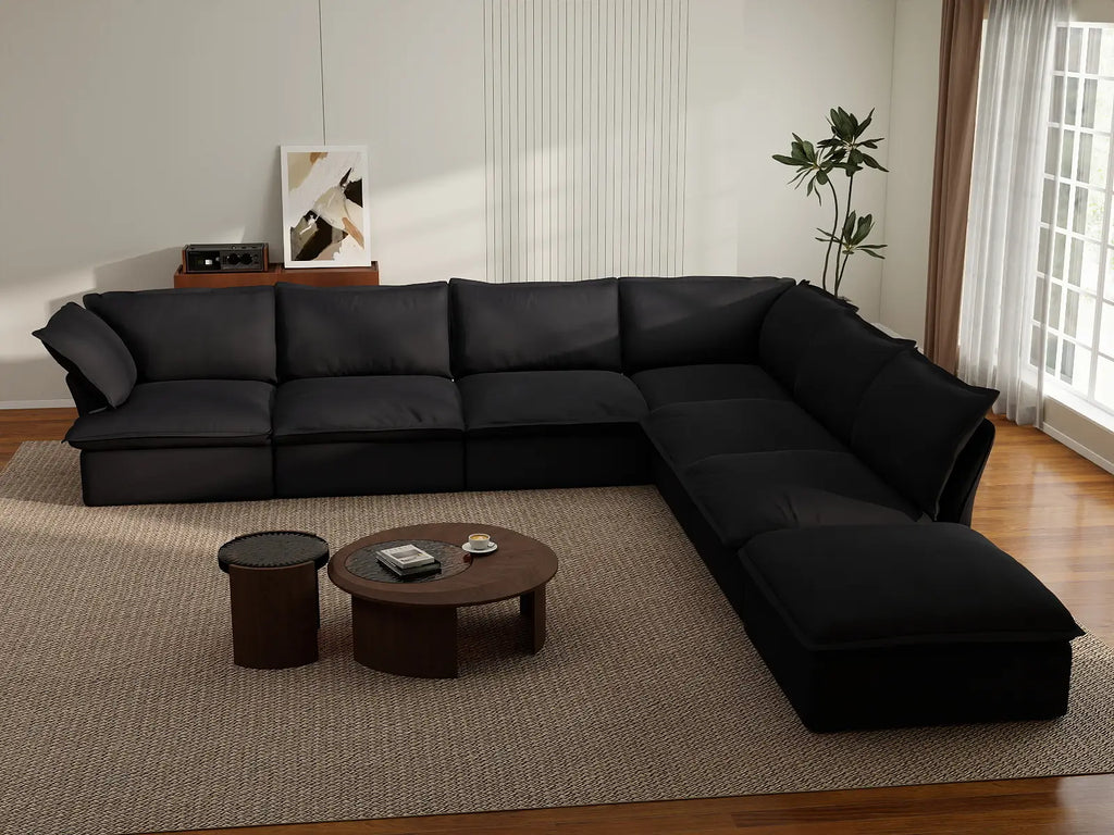 Deluxe Cloud Black 6-Seater V-Shaped Sofa with Storage | 7-Piece (includes 1 ottoman), Linen and Cotton Fabric, Washable Covers