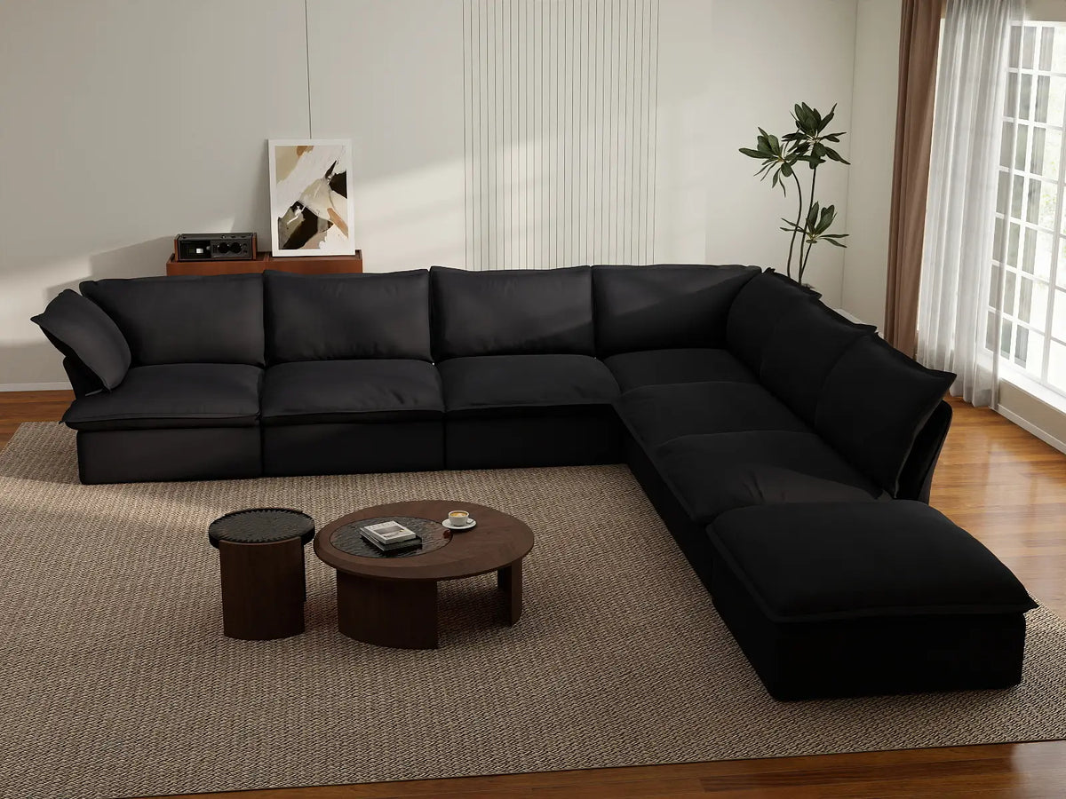 Deluxe Cloud Black 6-Seater V-Shaped Sofa with Storage | 7-Piece (includes 1 ottoman), Linen and Cotton Fabric, Washable Covers