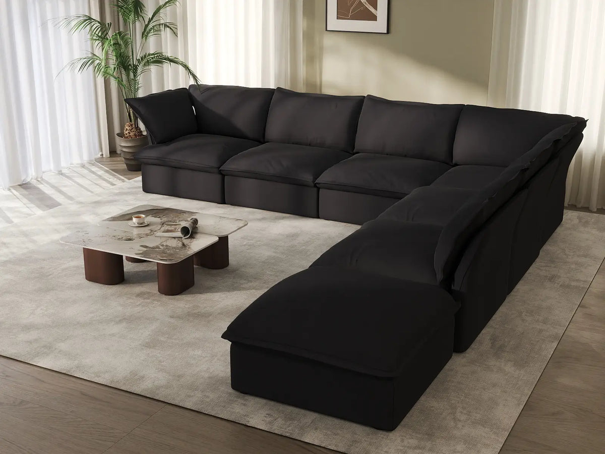 Deluxe Cloud Black 6-Seater V-Shaped Sofa with Storage | 7-Piece (includes 1 ottoman), Linen and Cotton Fabric, Washable Covers