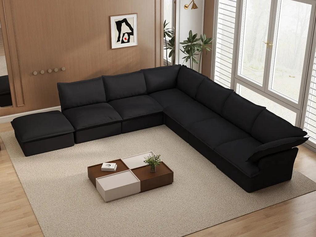 Deluxe Cloud Black 6-Seater V-Shaped Sofa with Storage | 7-Piece (includes 1 ottoman), Linen and Cotton Fabric, Washable Covers