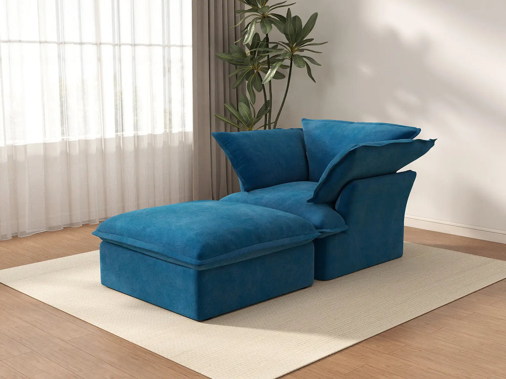 Deluxe Cloud Blue 1-Seater Single Sofa | 2-Piece (includes 1 ottoman), Velvet Fabric, Storage Ottoman