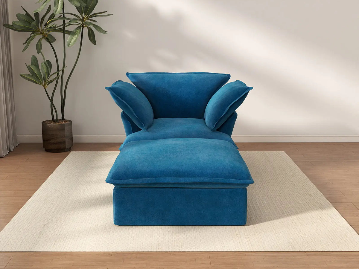 Deluxe Cloud Blue 1-Seater Single Sofa | 2-Piece (includes 1 ottoman), Velvet Fabric, Storage Ottoman