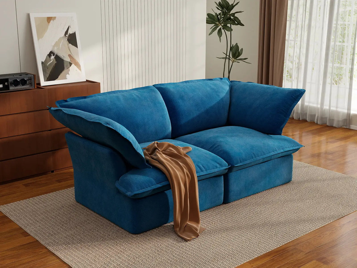 Deluxe Cloud Blue 2-Seater Loveseat Small Space | 2-Piece, Velvet Fabric, Washable Covers