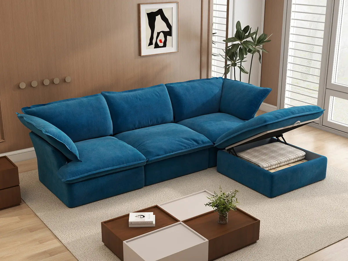 Deluxe Cloud Blue 3-Seater L-Shaped Sectional | 4-Piece (includes 1 ottoman), Velvet Fabric, Storage Ottoman