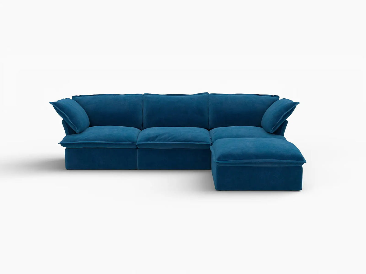 Deluxe Cloud Blue 3-Seater L-Shaped Sectional | 4-Piece (includes 1 ottoman), Velvet Fabric, Storage Ottoman