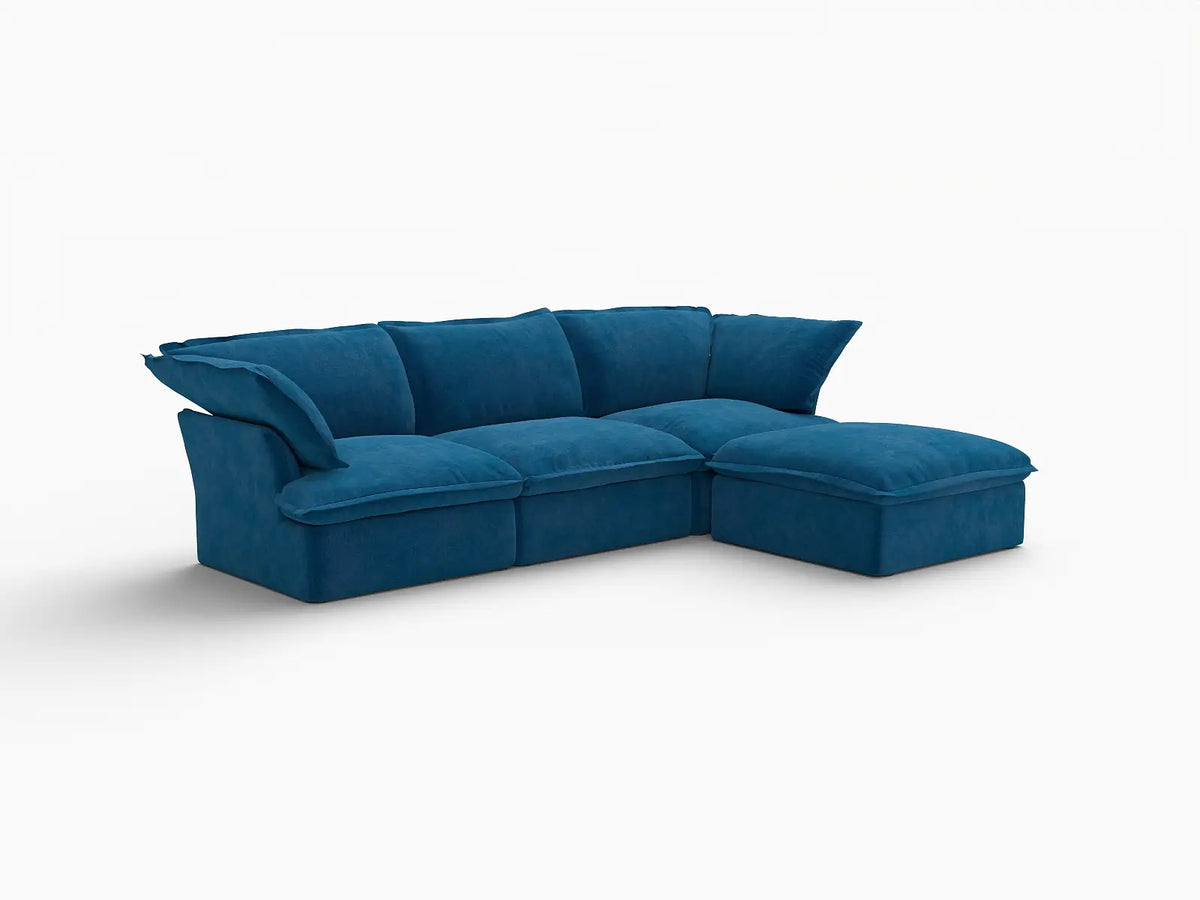 Deluxe Cloud Blue 3-Seater L-Shaped Sectional | 4-Piece (includes 1 ottoman), Velvet Fabric, Storage Ottoman