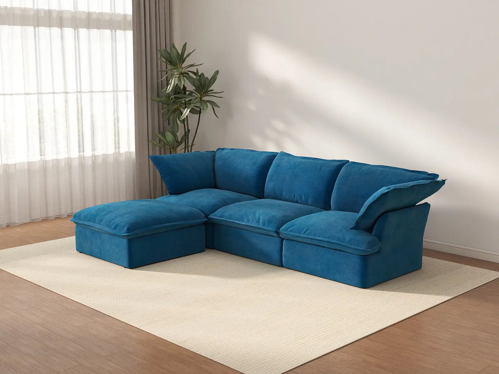 Deluxe Cloud Blue 3-Seater L-Shaped Sectional | 4-Piece (includes 1 ottoman), Velvet Fabric, Storage Ottoman
