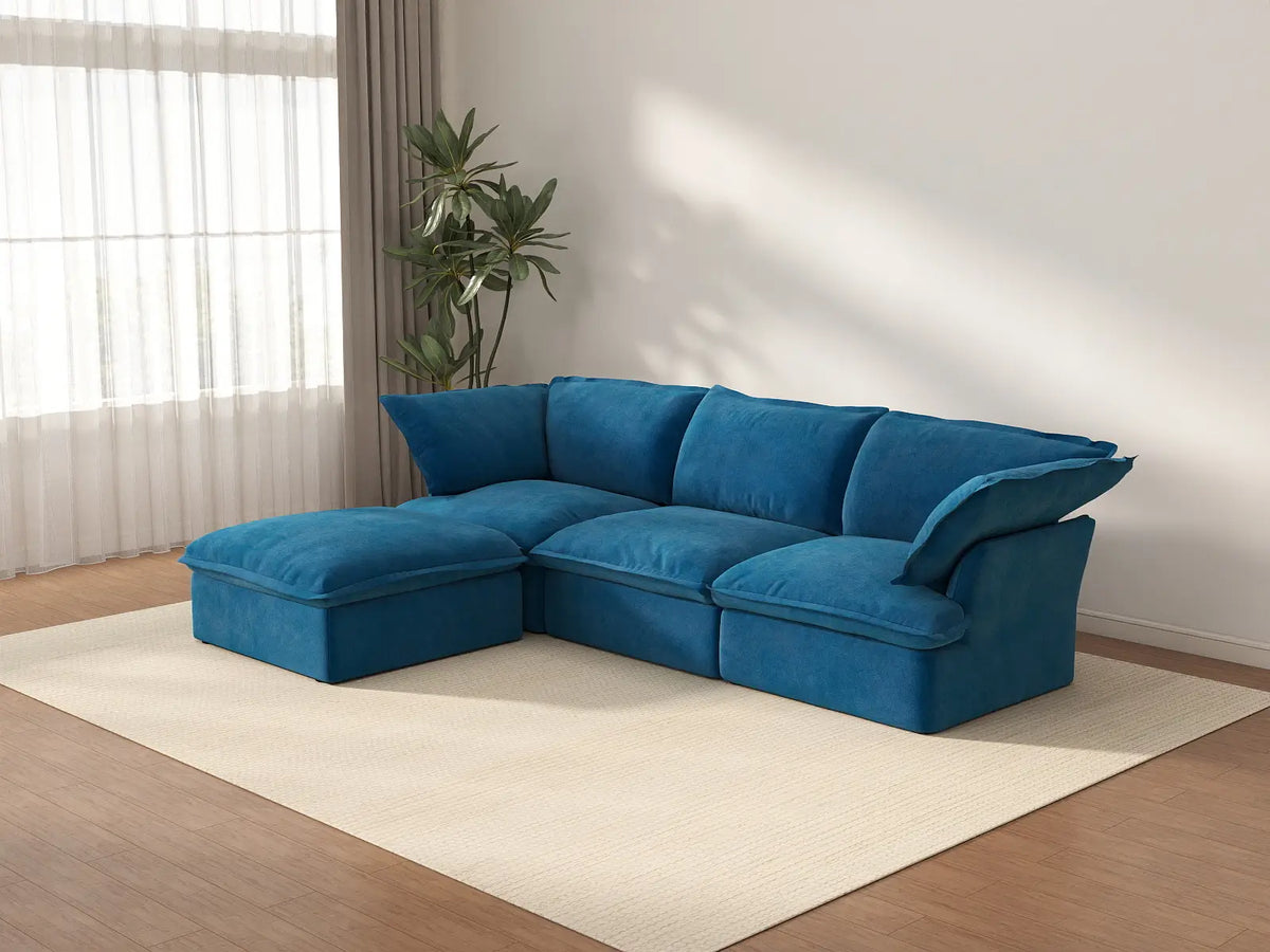 Deluxe Cloud Blue 3-Seater L-Shaped Sectional | 4-Piece (includes 1 ottoman), Velvet Fabric, Storage Ottoman