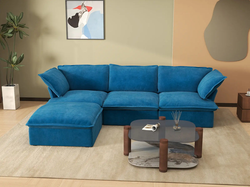 Deluxe Cloud Blue 3-Seater L-Shaped Sectional | 4-Piece (includes 1 ottoman), Velvet Fabric, Storage Ottoman