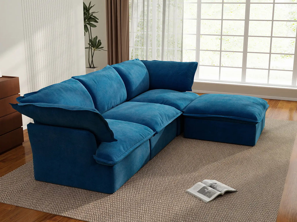 Deluxe Cloud Blue 3-Seater L-Shaped Sectional | 4-Piece (includes 1 ottoman), Velvet Fabric, Storage Ottoman