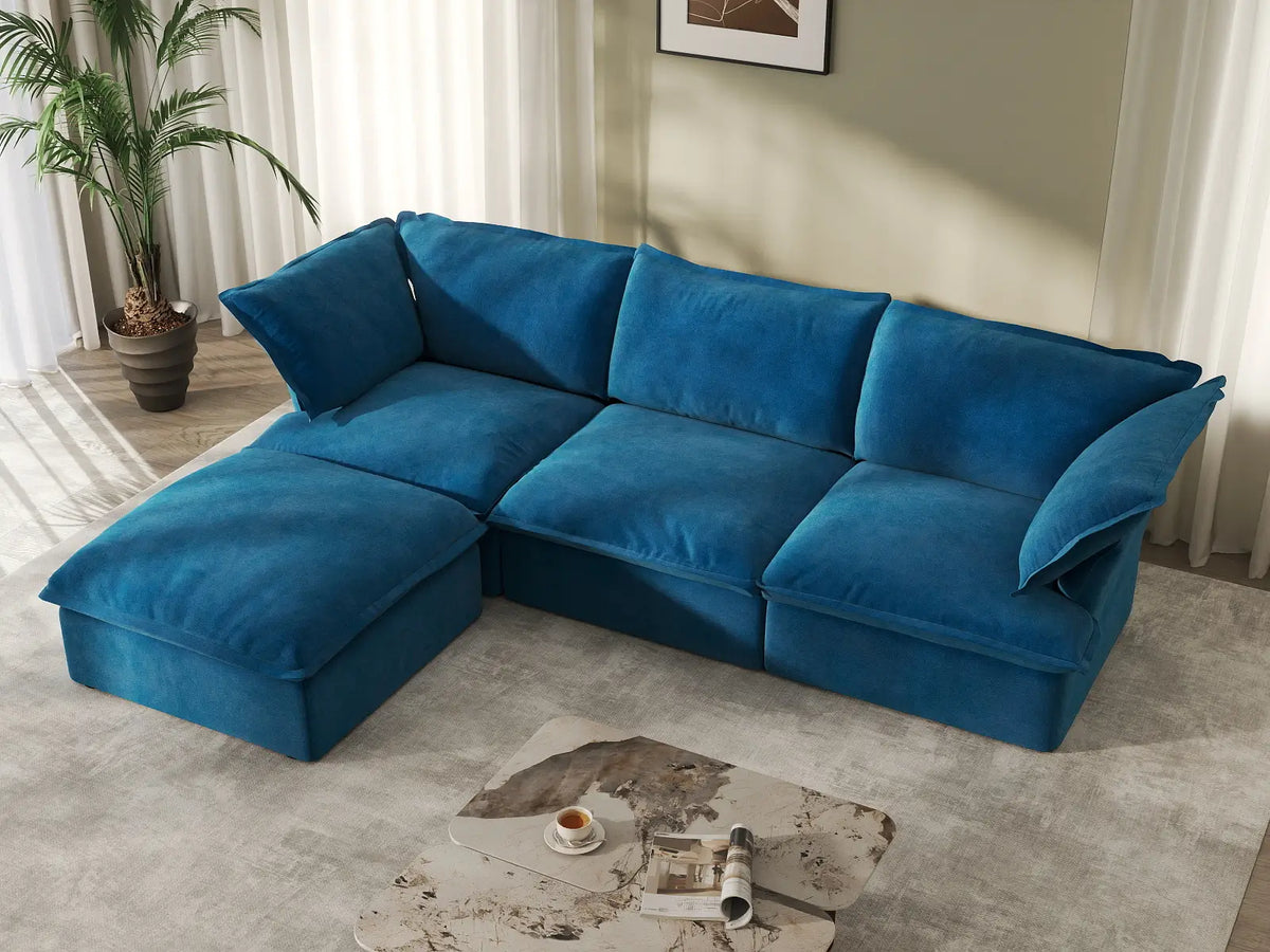 Deluxe Cloud Blue 3-Seater L-Shaped Sectional | 4-Piece (includes 1 ottoman), Velvet Fabric, Storage Ottoman