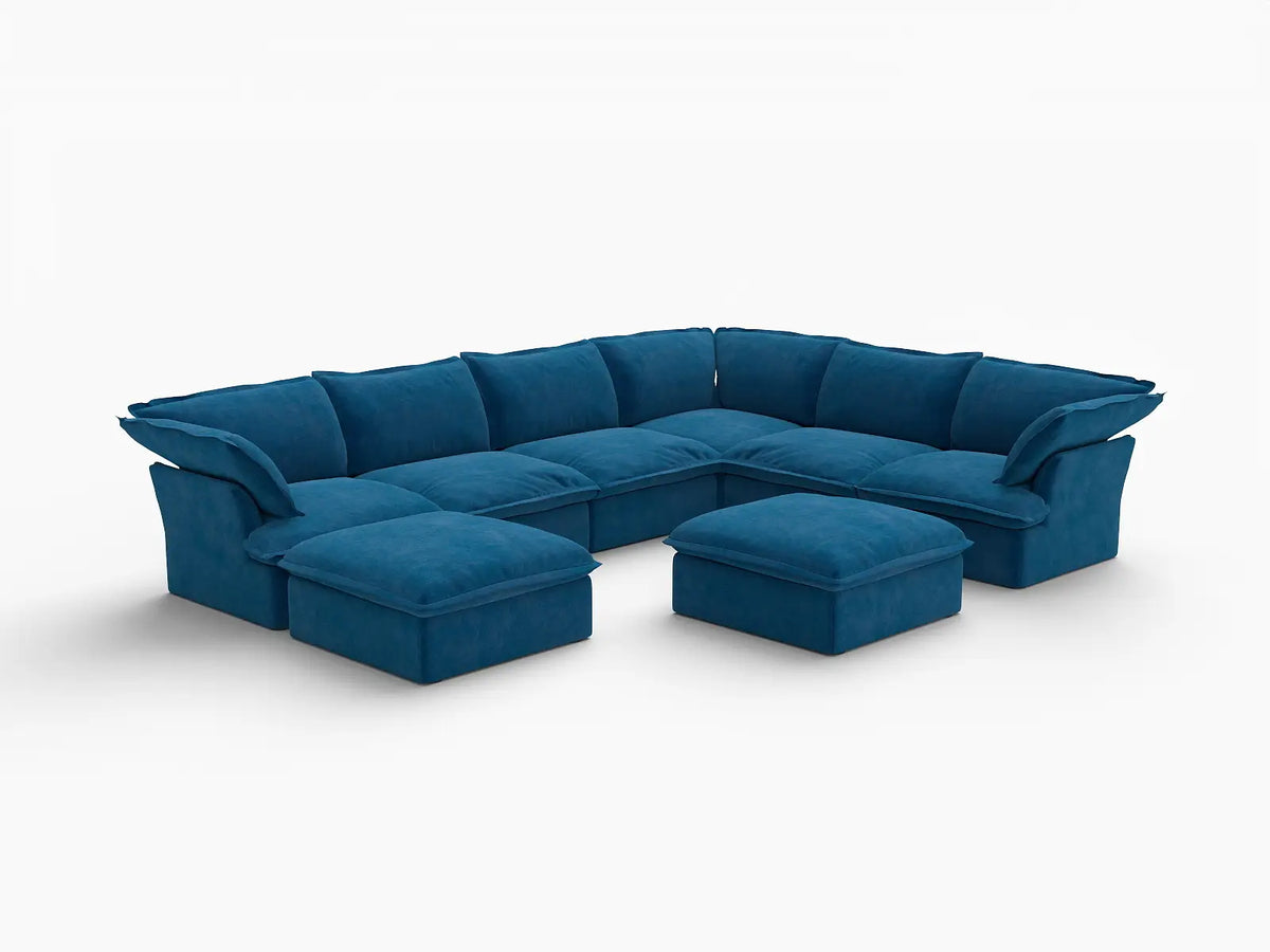 Deluxe Cloud Blue 6-Seater Sofa with Storage | 8-Piece (includes 2 ottomans), Velvet Fabric, Washable Covers