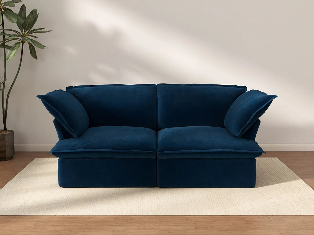 Deluxe Cloud Dark Blue 2-Seater Loveseats for Studio | 2-Piece, Velvet Fabric, Washable Covers