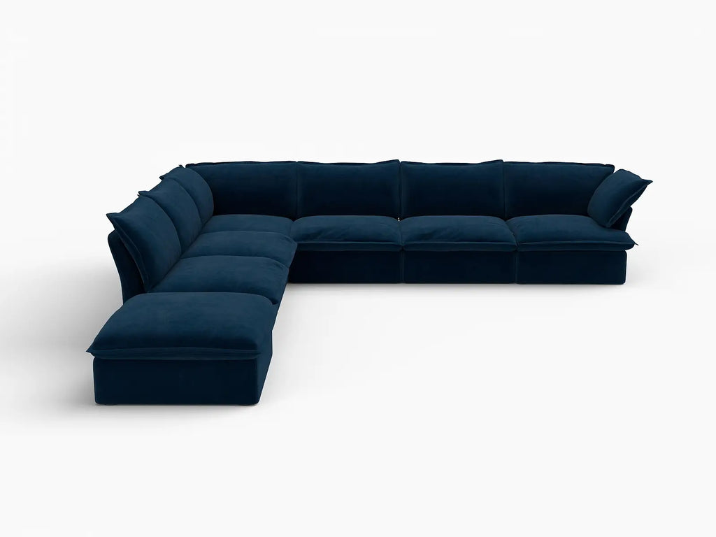 Deluxe Cloud Dark Blue 6-Seater V-Shaped Modular Sofa | 7-Piece (includes 1 ottoman), Velvet Fabric, Storage Ottoman