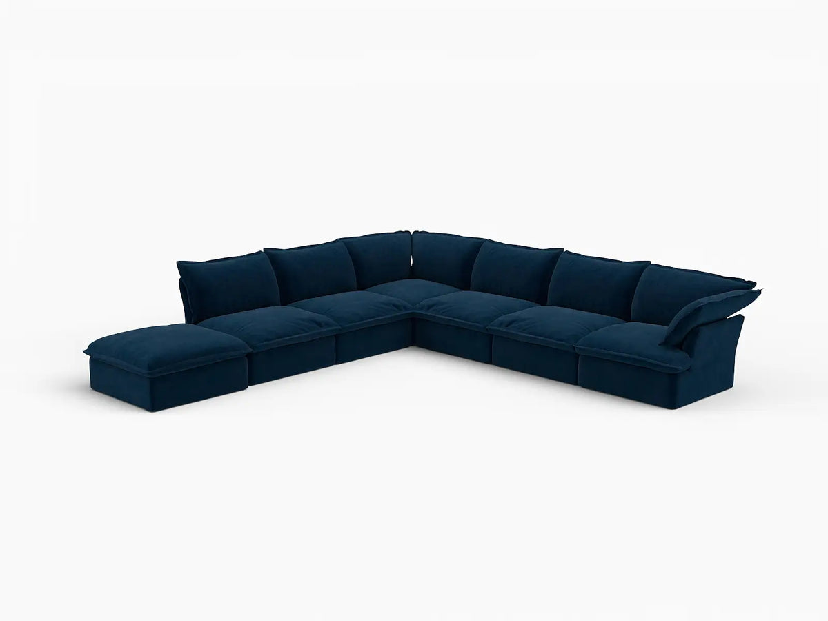 Deluxe Cloud Dark Blue 6-Seater V-Shaped Modular Sofa | 7-Piece (includes 1 ottoman), Velvet Fabric, Storage Ottoman