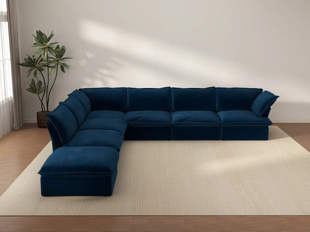 Deluxe Cloud Dark Blue 6-Seater V-Shaped Modular Sofa | 7-Piece (includes 1 ottoman), Velvet Fabric, Storage Ottoman