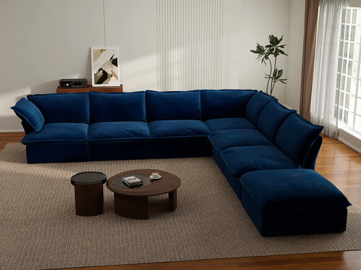 Deluxe Cloud Dark Blue 6-Seater V-Shaped Modular Sofa | 7-Piece (includes 1 ottoman), Velvet Fabric, Storage Ottoman