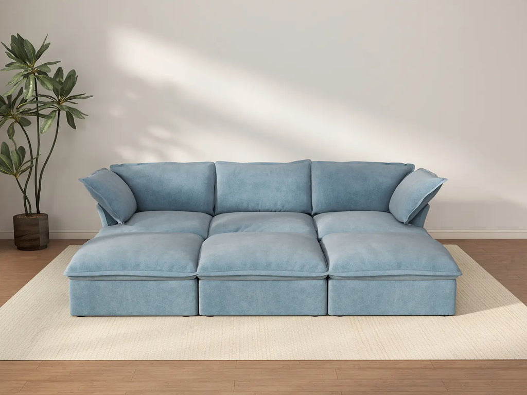 Deluxe Cloud Light Blue 3-Seater Modular Pit Sectional | 6-Piece (includes 3 ottomans), Velvet Fabric, Storage Ottoman