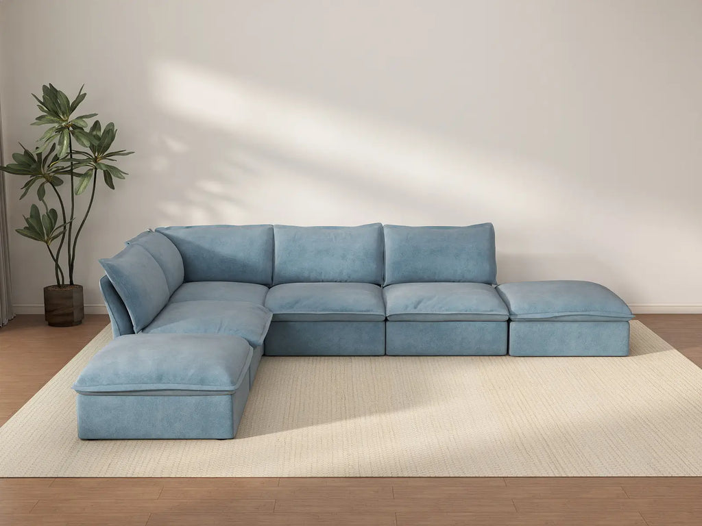 Deluxe Cloud Light Blue 4-Seater Sofa with Storage | 6-Piece (includes 2 ottomans), Velvet Fabric, Washable Covers