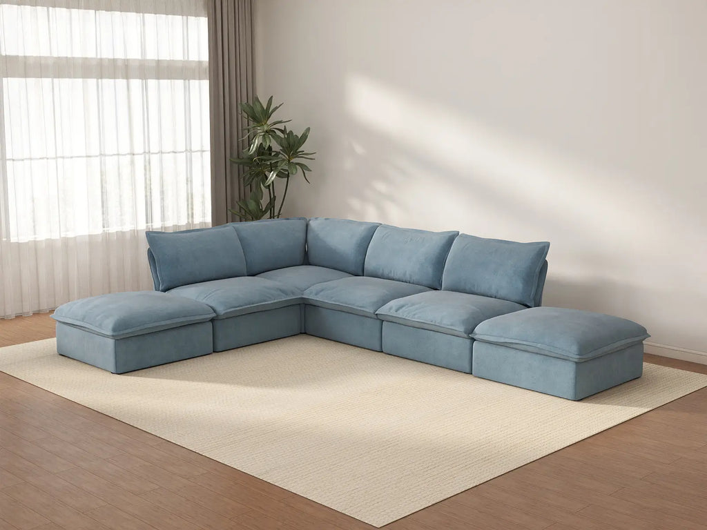 Deluxe Cloud Light Blue 4-Seater Sofa with Storage | 6-Piece (includes 2 ottomans), Velvet Fabric, Washable Covers