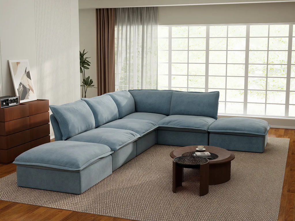Deluxe Cloud Light Blue 4-Seater Sofa with Storage | 6-Piece (includes 2 ottomans), Velvet Fabric, Washable Covers