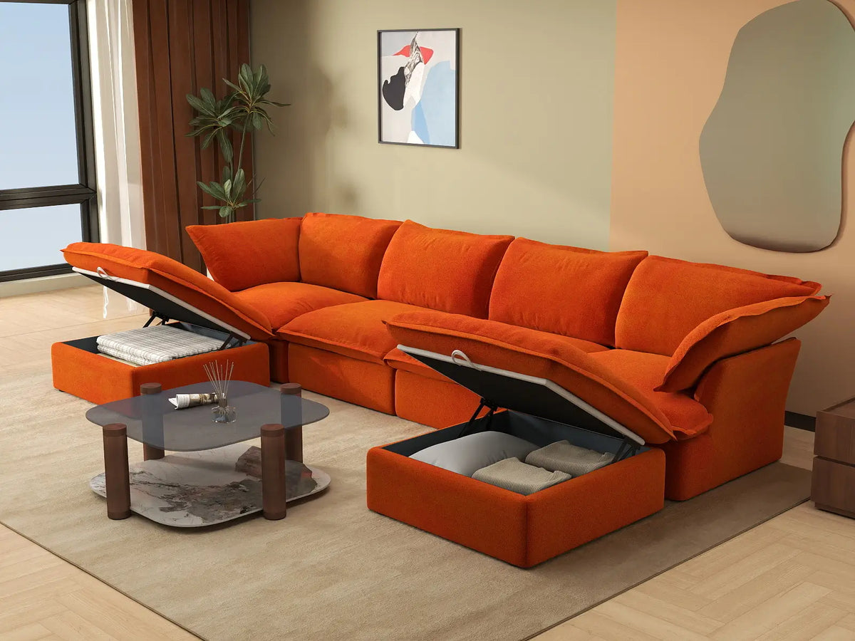 Deluxe Cloud Orange 4-Seater U-Shaped Storage Sofa | 6-Piece (includes 2 ottomans), Velvet Fabric, Washable Covers