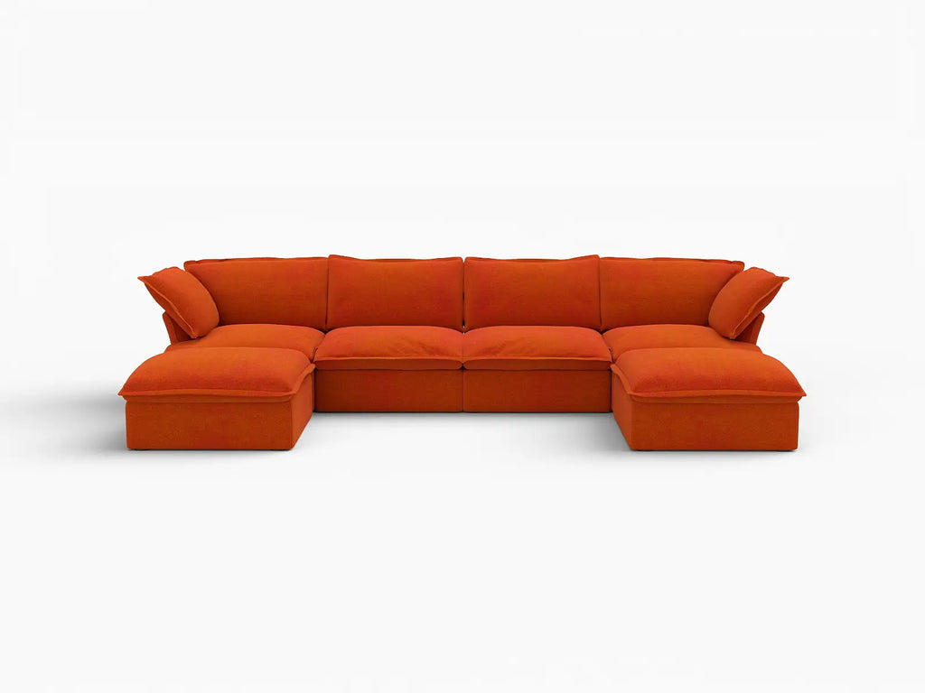 Deluxe Cloud Orange 4-Seater U-Shaped Storage Sofa | 6-Piece (includes 2 ottomans), Velvet Fabric, Washable Covers