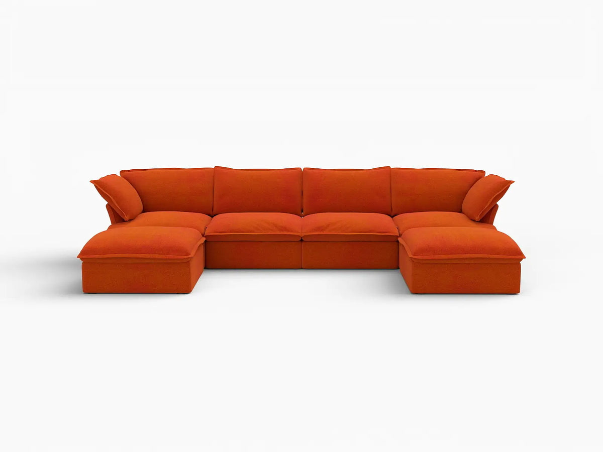 Deluxe Cloud Orange 4-Seater U-Shaped Storage Sofa | 6-Piece (includes 2 ottomans), Velvet Fabric, Washable Covers