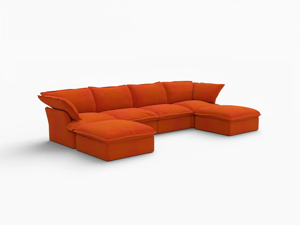 Deluxe Cloud Orange 4-Seater U-Shaped Storage Sofa | 6-Piece (includes 2 ottomans), Velvet Fabric, Washable Covers