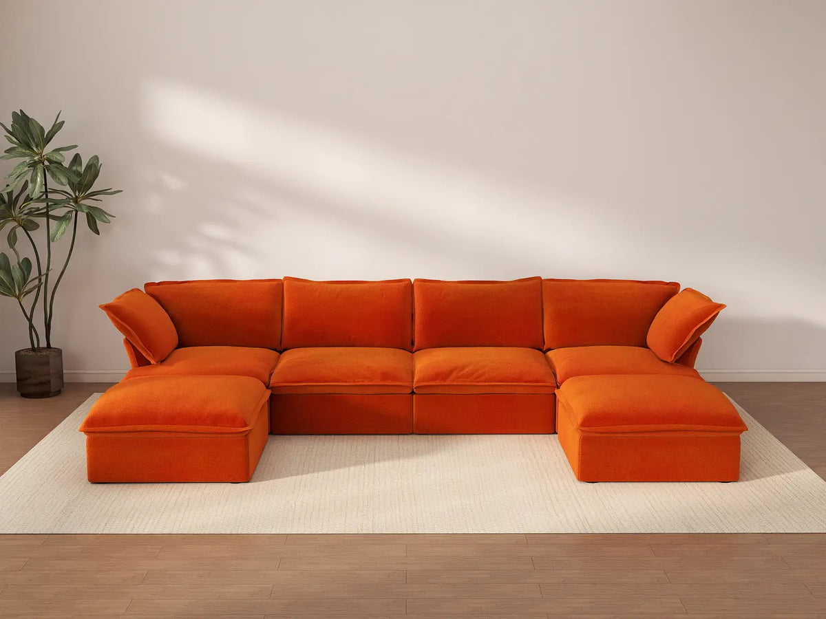 Deluxe Cloud Orange 4-Seater U-Shaped Storage Sofa | 6-Piece (includes 2 ottomans), Velvet Fabric, Washable Covers