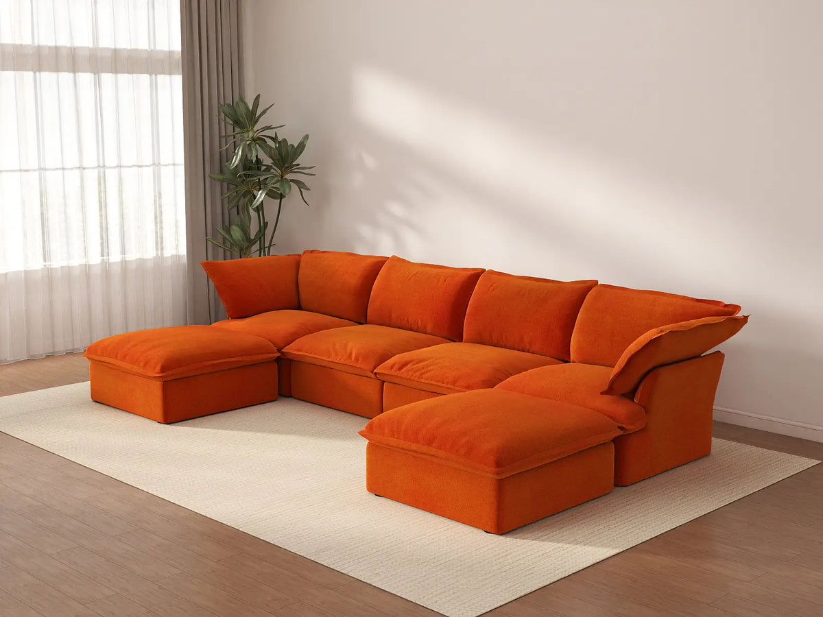 Deluxe Cloud Orange 4-Seater U-Shaped Storage Sofa | 6-Piece (includes 2 ottomans), Velvet Fabric, Washable Covers