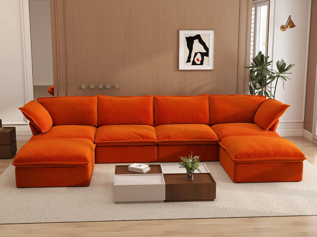 Deluxe Cloud Orange 4-Seater U-Shaped Storage Sofa | 6-Piece (includes 2 ottomans), Velvet Fabric, Washable Covers