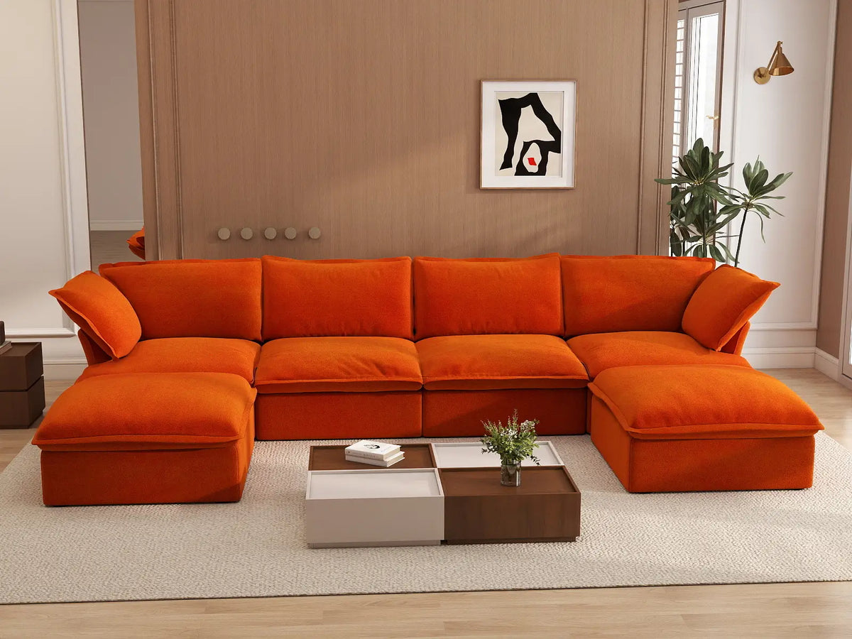 Deluxe Cloud Orange 4-Seater U-Shaped Storage Sofa | 6-Piece (includes 2 ottomans), Velvet Fabric, Washable Covers