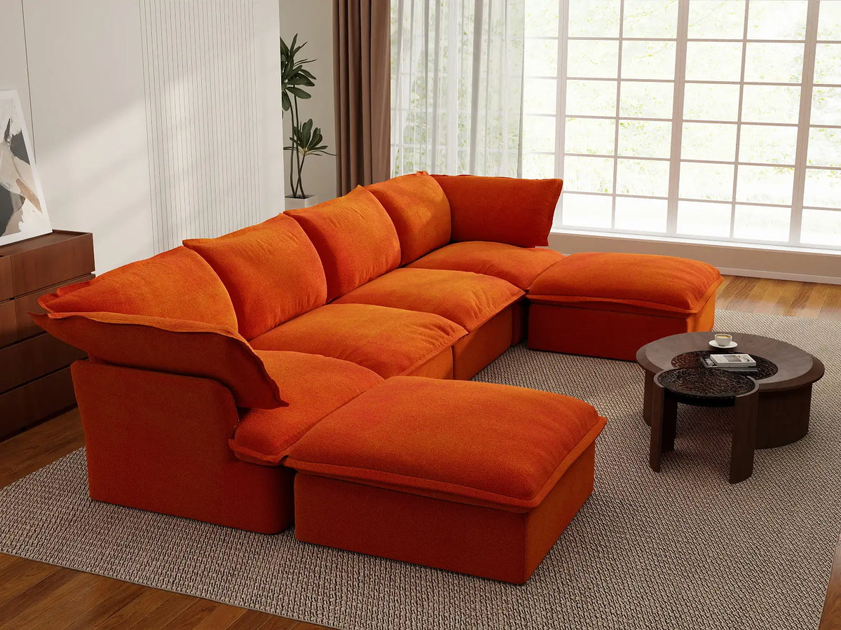 Deluxe Cloud Orange 4-Seater U-Shaped Storage Sofa | 6-Piece (includes 2 ottomans), Velvet Fabric, Washable Covers